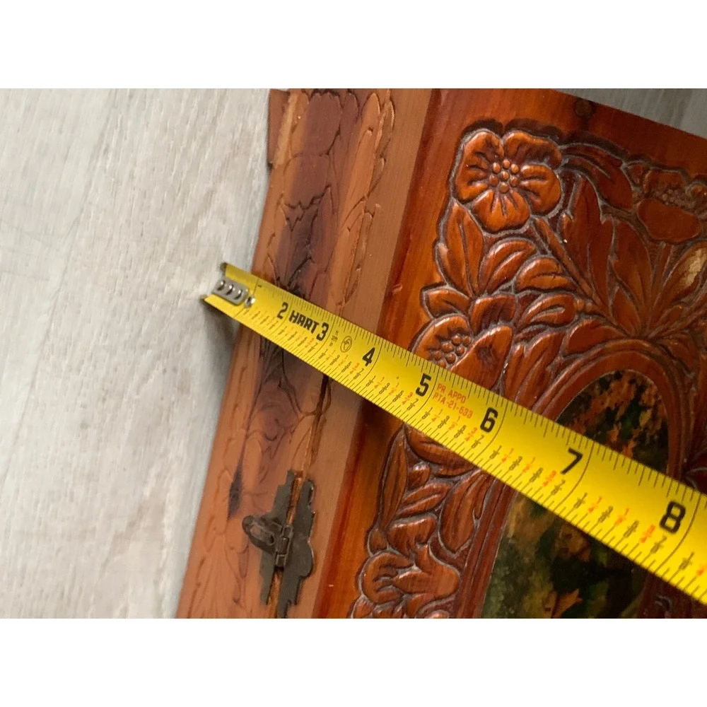 Vintage Hand Carved Wood Jewelry Box Floral‎ Relief Scenic Inset Mirror Footed